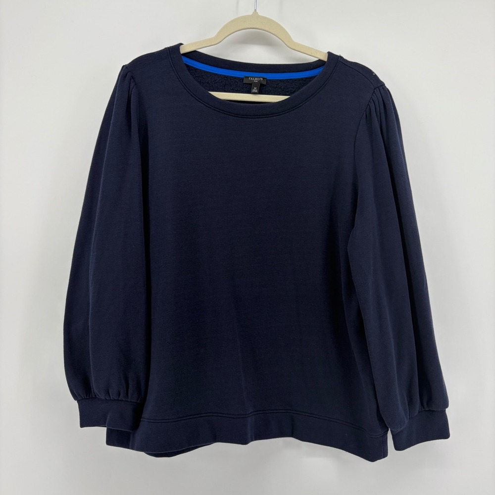 Talbots Womens 1X Navy Blue Sweatshirt Puff Sleeve Crew Neck Cotton Blend Fleece